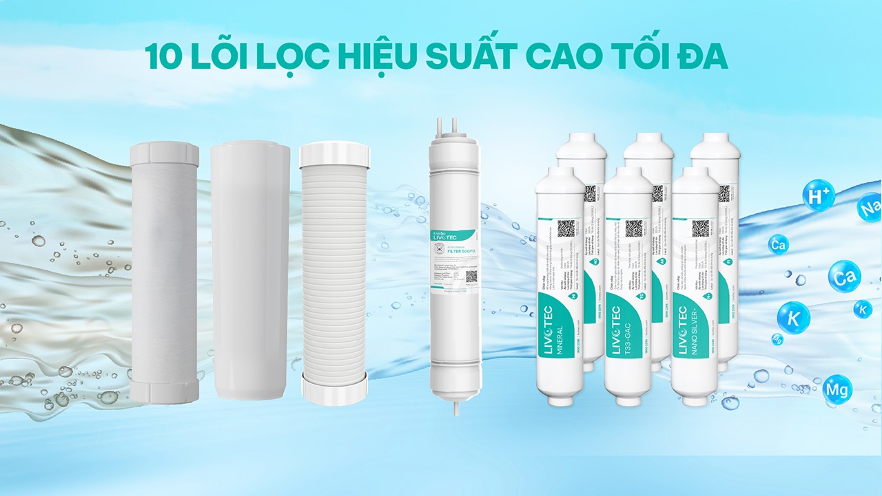 Hệ thống lõi lọc của máy lọc nước Karofi Livotec 218 gồm 10 lõi lọc hiệu suất cao