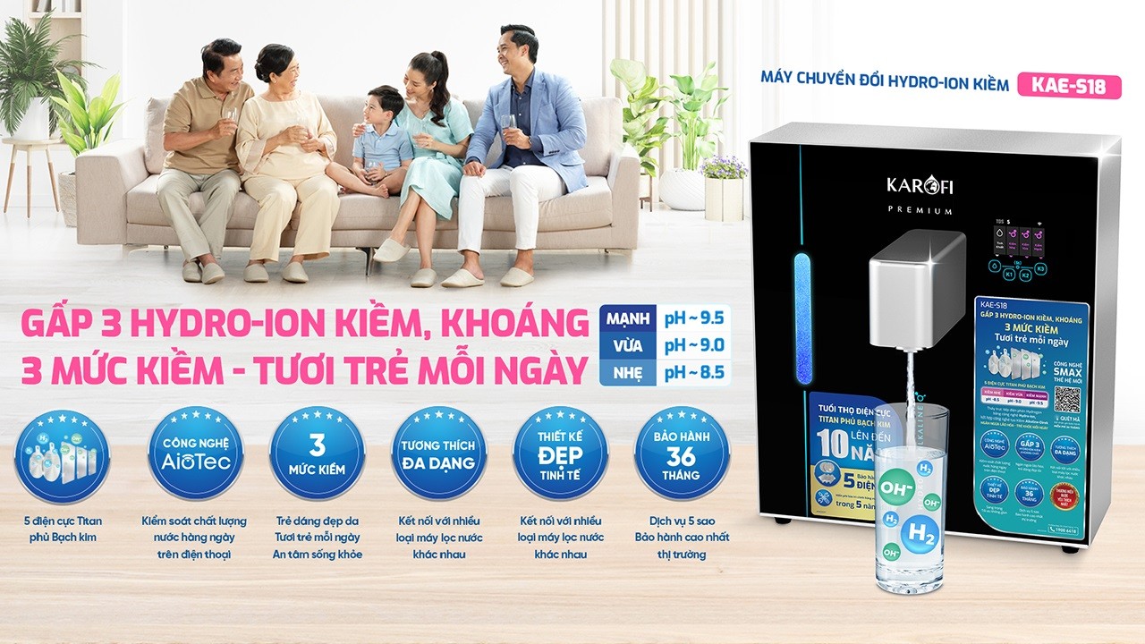 Máy chuyển đổi Hydro-ion kiềm Karofi KAE-S18 - Gấp 3 Hydro - Ion kiềm, Khoáng