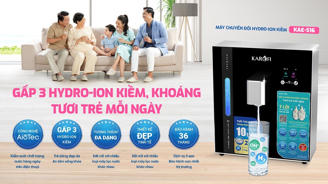 Máy chuyển đổi Hydro-ion kiềm Karofi KAE-S16 - Gấp 3 Hydro-Ion kiềm, khoáng