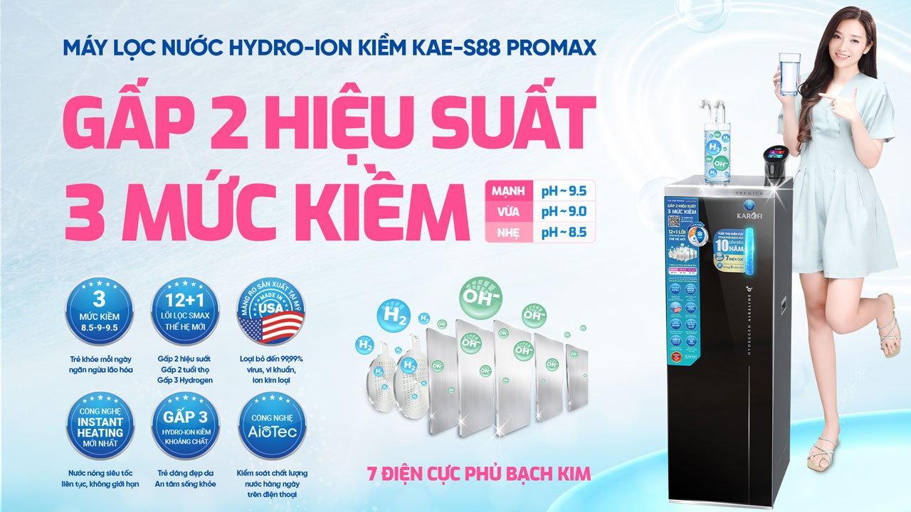 Máy lọc nước nóng lạnh Hydro-ion kiềm Karofi KAE-S88 PROMAX