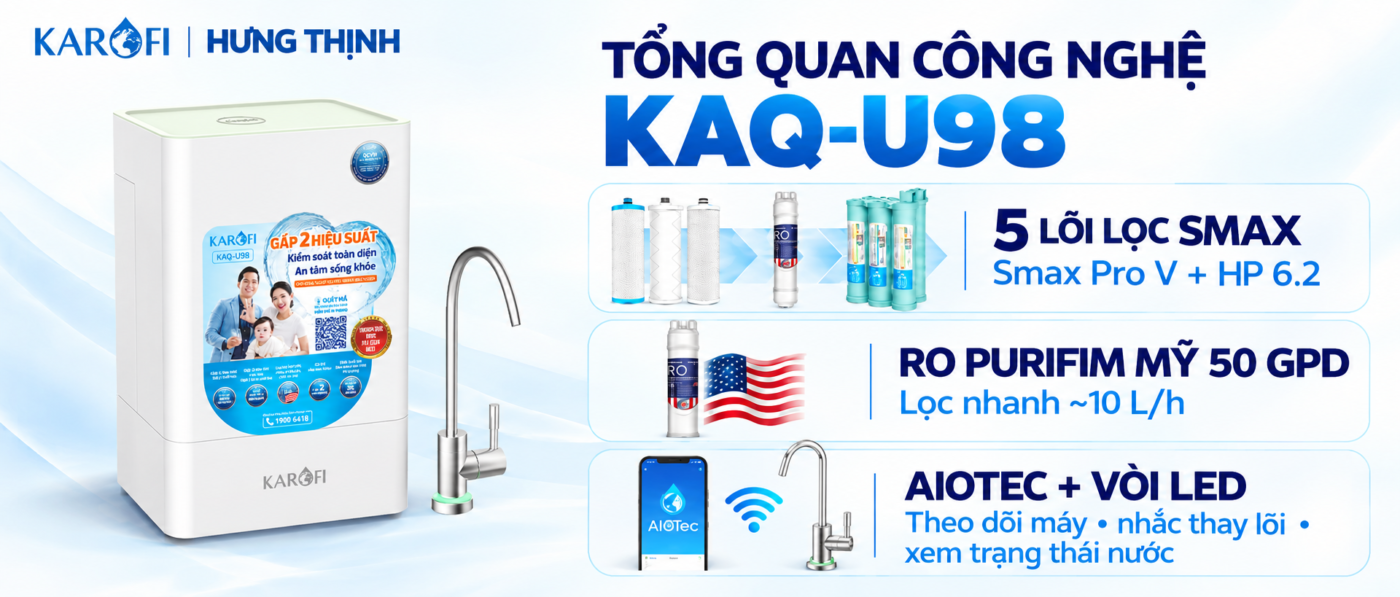 Tổng quan máy lọc nước Karofi KAQ-U98 10 lõi, công nghệ AioTec và vòi LED thông minh