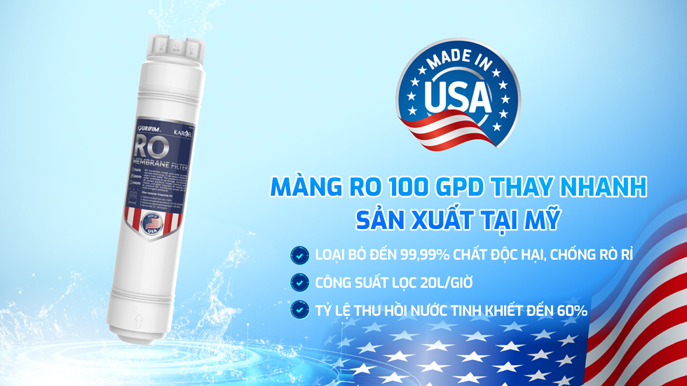 Máy lọc nước RO Karofi KAQ- U95 Pro - Màng RO 100GPD thanh nhanh sản xuất tại Mỹ