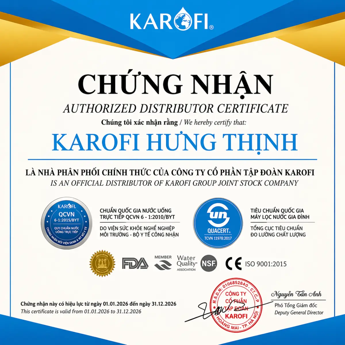 Giấy chứng nhận Karofi Hưng Thịnh là nhà phân phối chính hãng Karofi