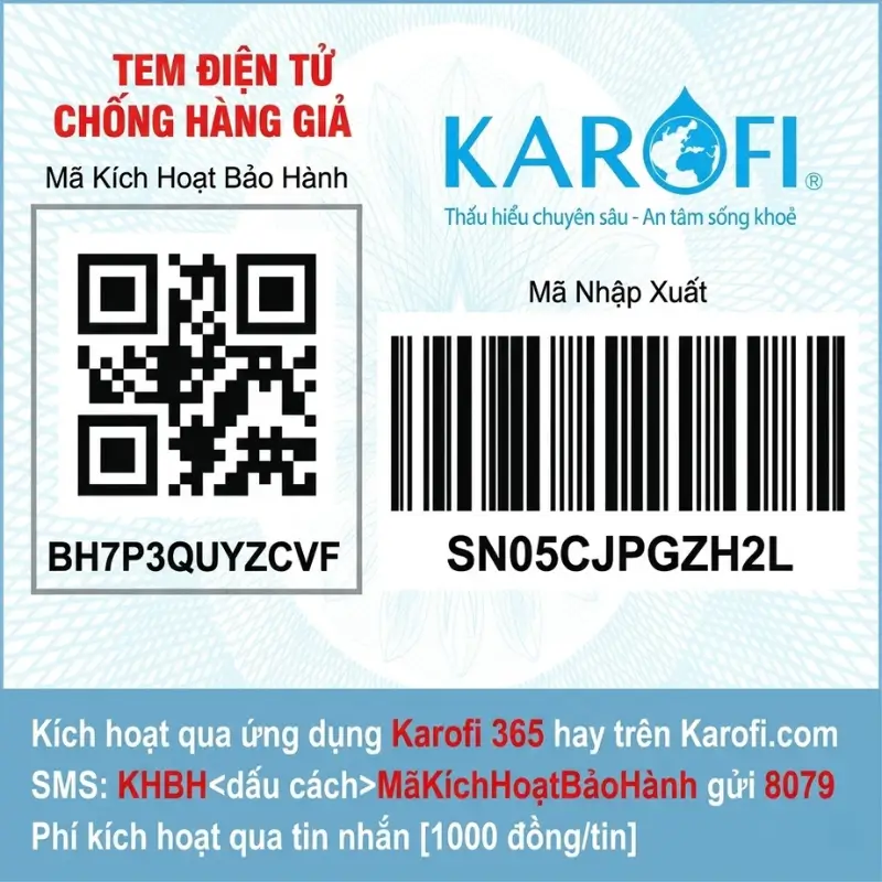 Tem QR kích hoạt và lõi Smax Pro V trên máy Karofi KAQ-U95 Pro thực tế