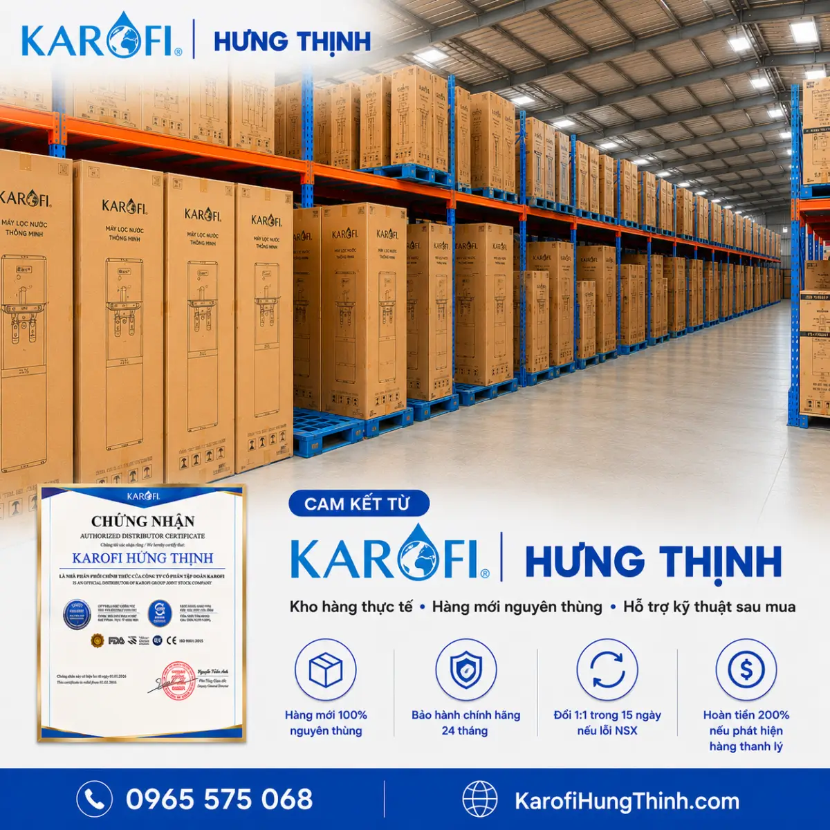 Kho hàng thực tế cây nước nóng lạnh Karofi HC18 tại Hưng Thịnh
