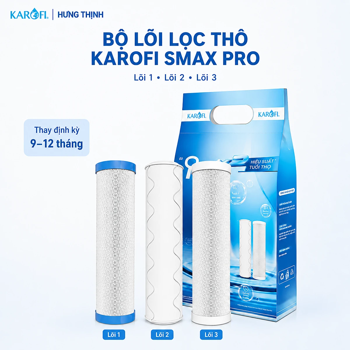 Bộ lõi lọc thô Karofi Smax Pro chính hãng gồm lõi số 1 lõi số 2 lõi số 3 trước màng RO