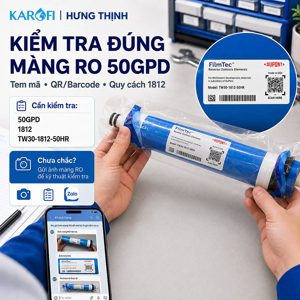 Màng RO DuPont FilmTec Kiểm tra Màng RO DuPont FilmTec 50GPD quy cách 1812 và tem QR Barcode trước khi mua