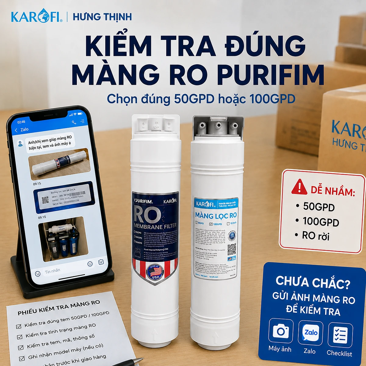 Kiểm tra Màng RO Purifim Karofi 50GPD và 100GPD trước khi đặt để tránh mua nhầm RO đúc và RO rời