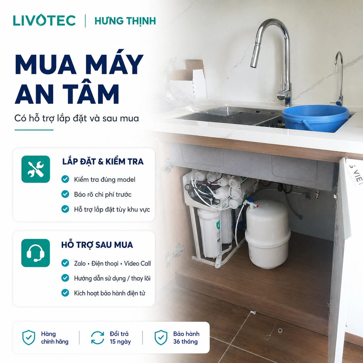 Quyền lợi và cam kết khi mua máy lọc nước Karofi Livotec 218S tại Hưng Thịnh.