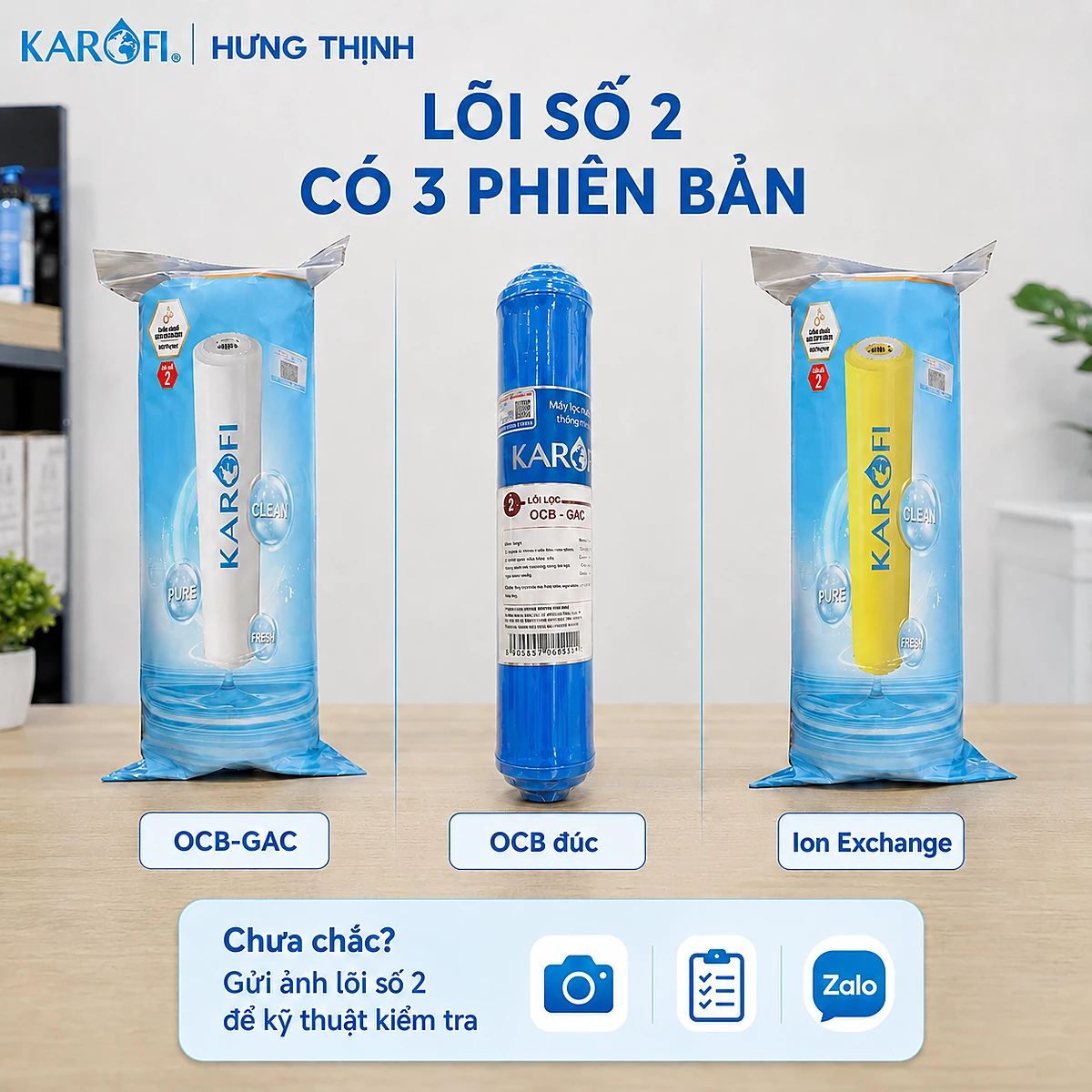 Bộ Lõi Lọc Thô Karofi Smax Duo Kiểm tra lõi số 2 Karofi Smax Duo gồm OCB GAC Ion Exchange và OCB đúc trước khi đặt hàng