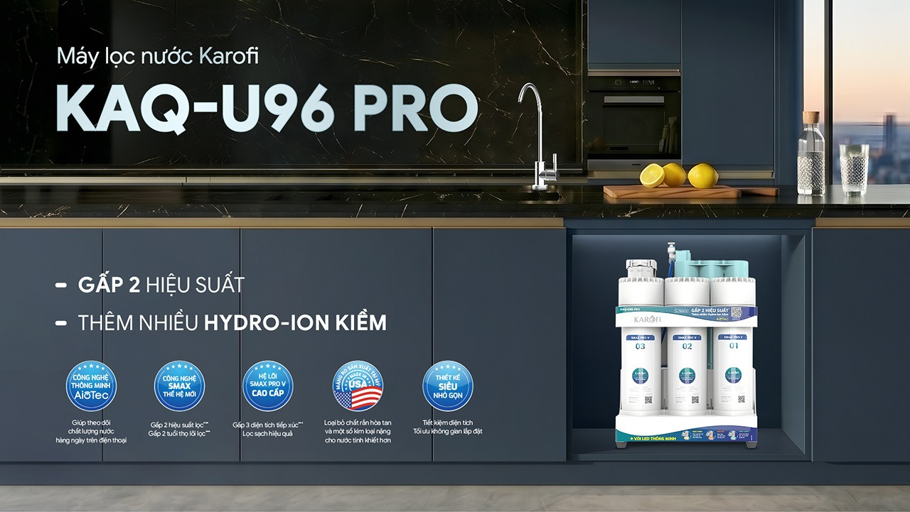 Máy lọc nước RO Karofi KAQ-U96 PRO Tổng quan máy lọc nước Karofi KAQ-U96 Pro 10 lõi lọc để gầm tủ bếp AioTec